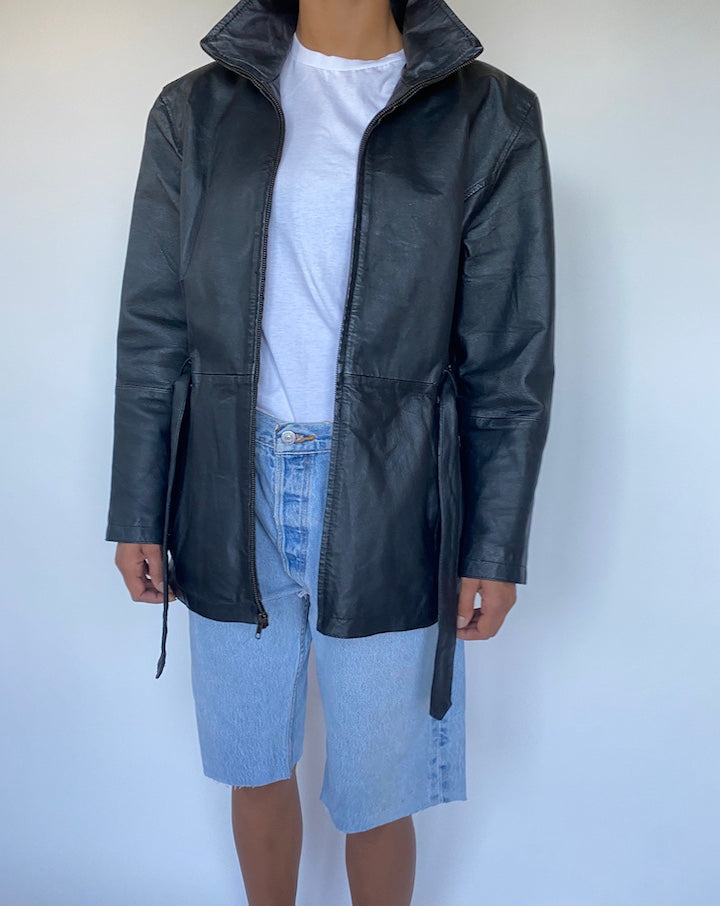 VINTAGE BLACK TRENCH LEATHER JACKET 897-2