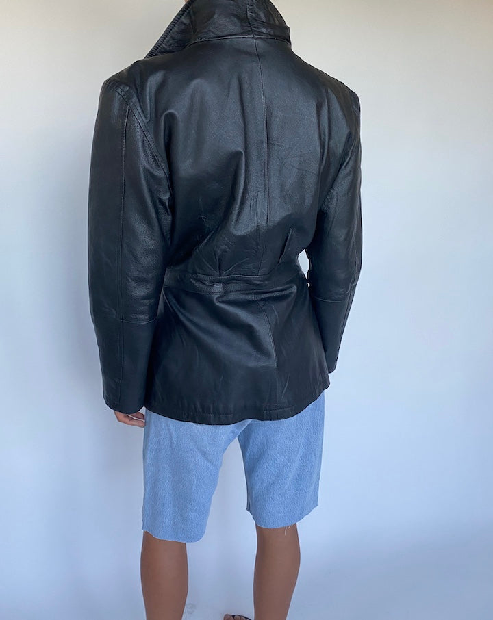 VINTAGE BLACK TRENCH LEATHER JACKET 897-3
