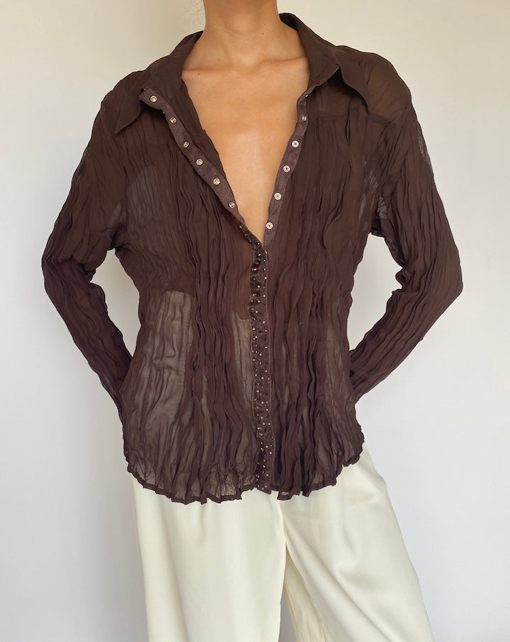 VINTAGE BROWN PLEATED BLOUSE 882-2