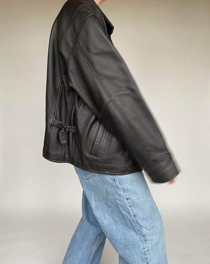 VINTAGE DARK BROWN BOXY LEATHER JACKET 517-3