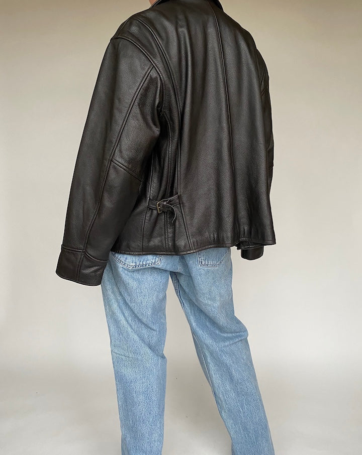 VINTAGE DARK BROWN BOXY LEATHER JACKET 517-5