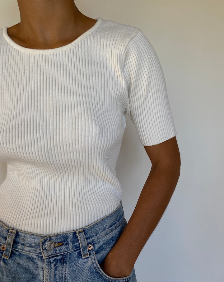 VINTAGE IVORY RIBBED SHORT SLEEVE TOP 1528-2