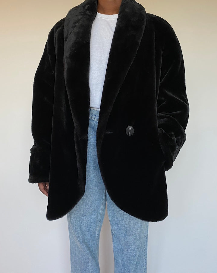 VINTAGE OVERSIZED BLACK FAUX FUR COAT 1282-3