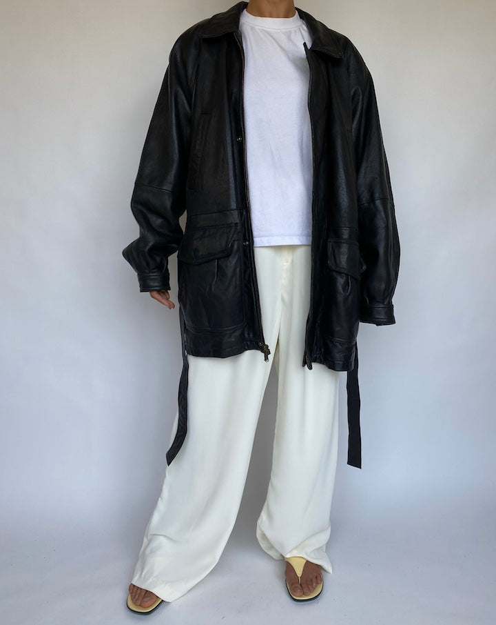 VINTAGE OVERSIZED BLACK TRENCH LEATHER JACKET 401
