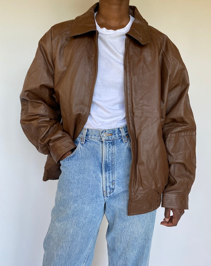 VINTAGE OVERSIZED BOXY BROWN LEATHER JACKET 1150-2