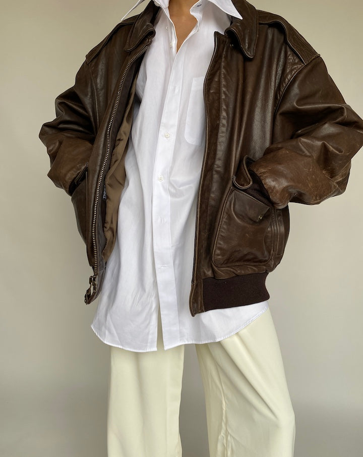 VINTAGE OVERSIZED BOXY BROWN LEATHER JACKET 634-2