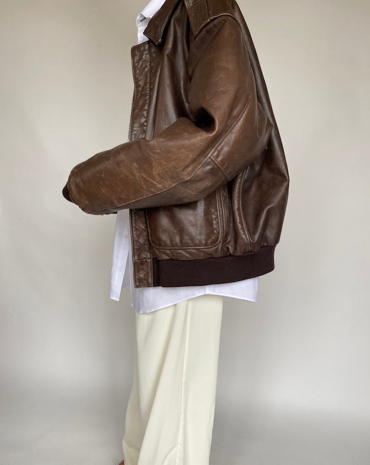 VINTAGE OVERSIZED BOXY BROWN LEATHER JACKET 634-3