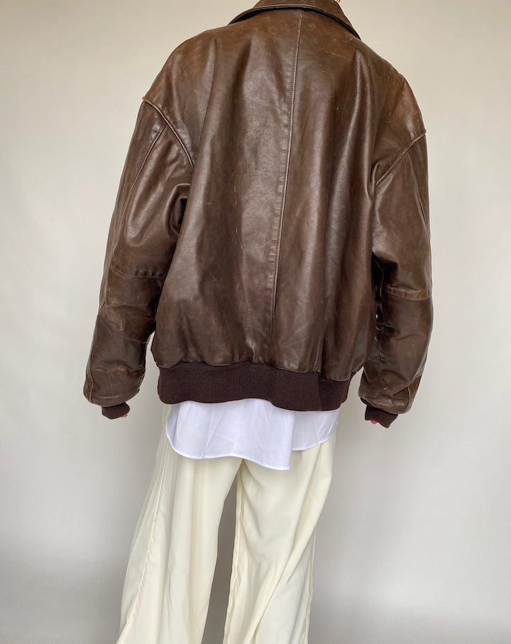 VINTAGE OVERSIZED BOXY BROWN LEATHER JACKET 634-4