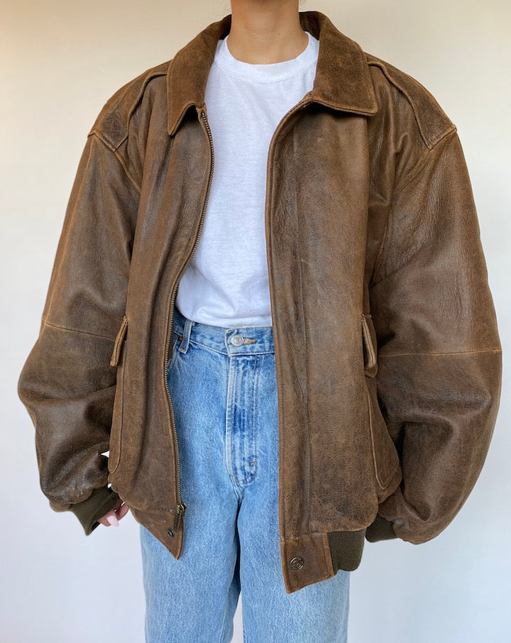VINTAGE OVERSIZED BROWN BOXY LEATHER JACKET 535-5