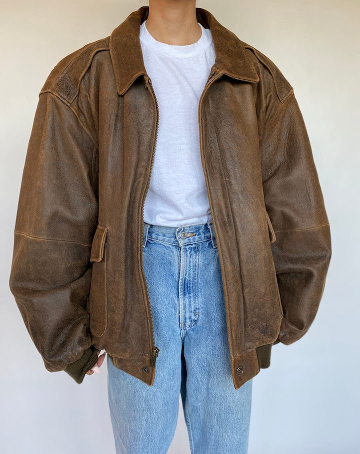 VINTAGE OVERSIZED BROWN BOXY LEATHER JACKET 535-6