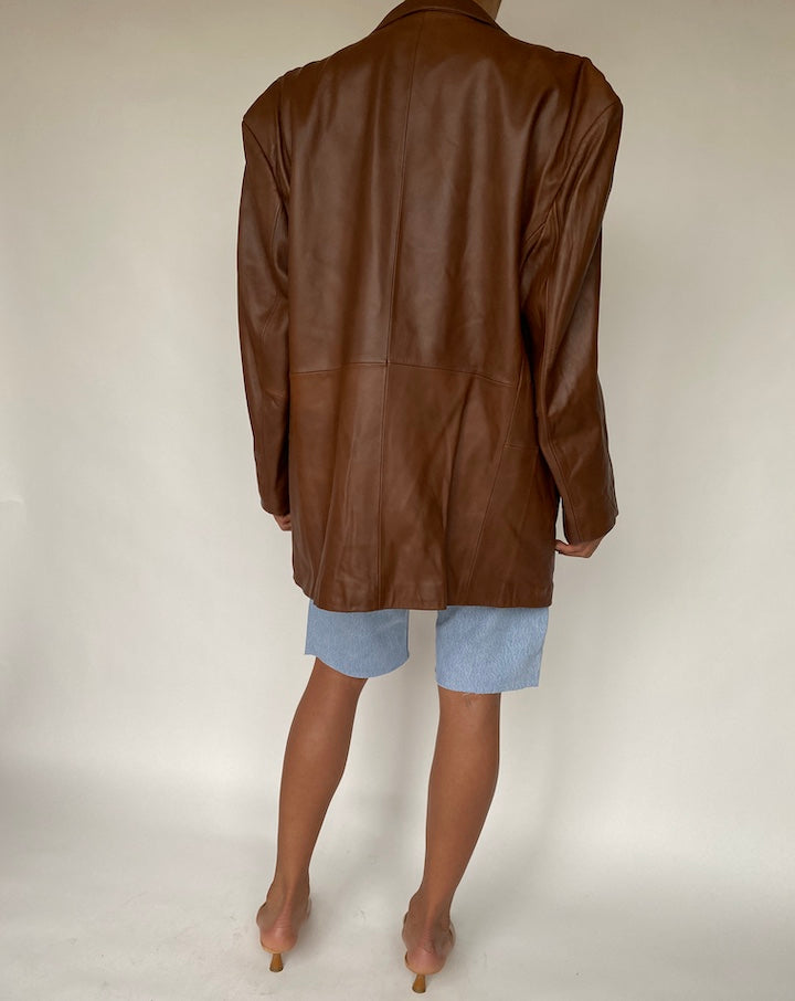VINTAGE OVERSIZED BROWN LEATHER BLAZER-JACKET 806-2