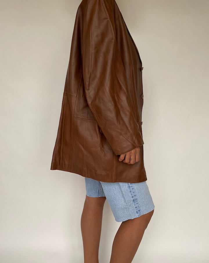 VINTAGE OVERSIZED BROWN LEATHER BLAZER-JACKET 806-3