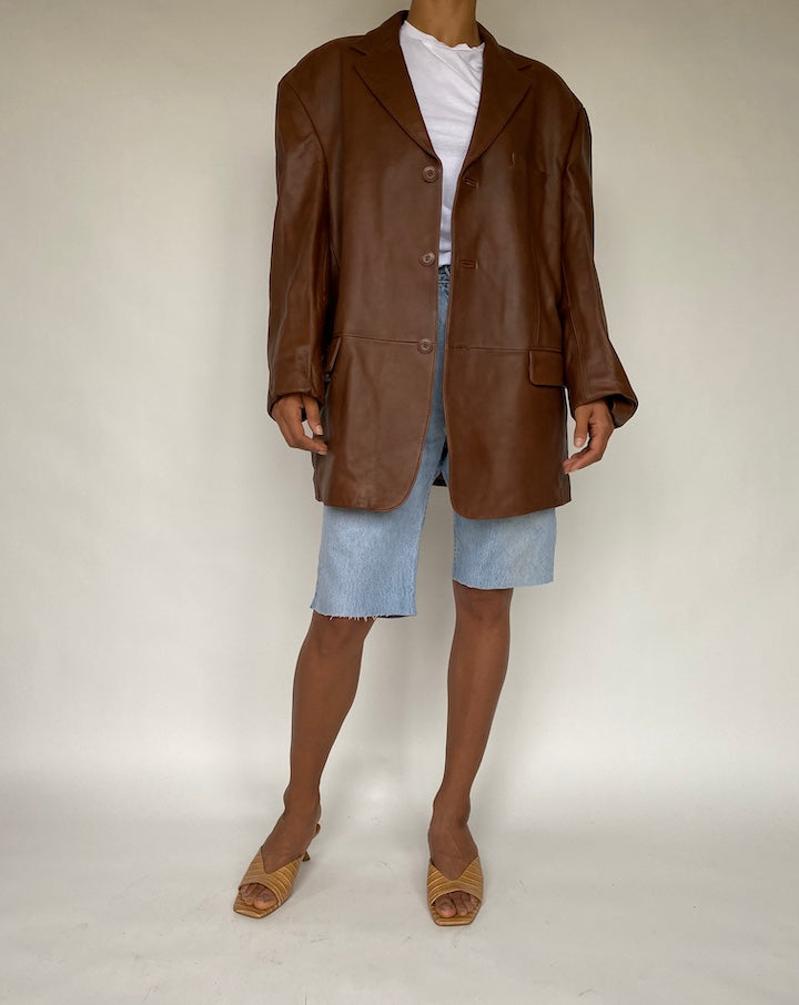VINTAGE OVERSIZED BROWN LEATHER BLAZER-JACKET 806-4