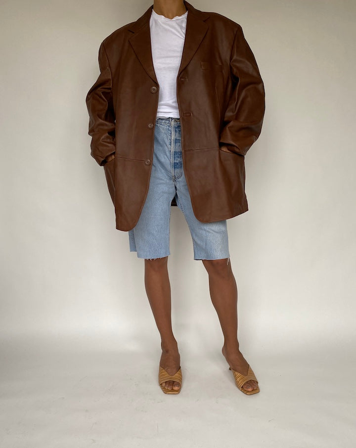 VINTAGE OVERSIZED BROWN LEATHER BLAZER-JACKET 806