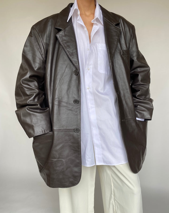 VINTAGE OVERSIZED DARK BROWN BLAZER LEATHER JACKET 639-2