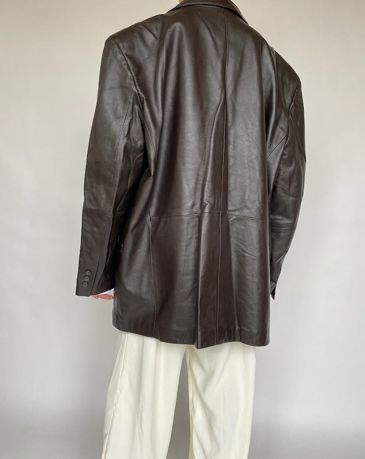 VINTAGE OVERSIZED DARK BROWN BLAZER LEATHER JACKET 639-3