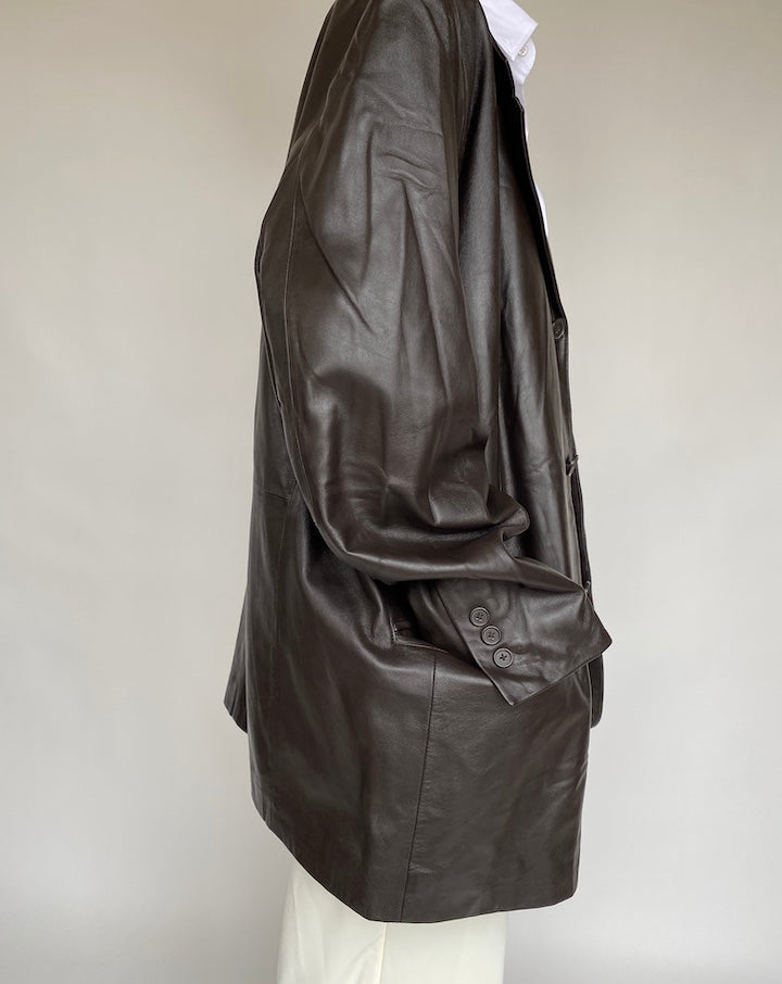 VINTAGE OVERSIZED DARK BROWN BLAZER LEATHER JACKET 639-4