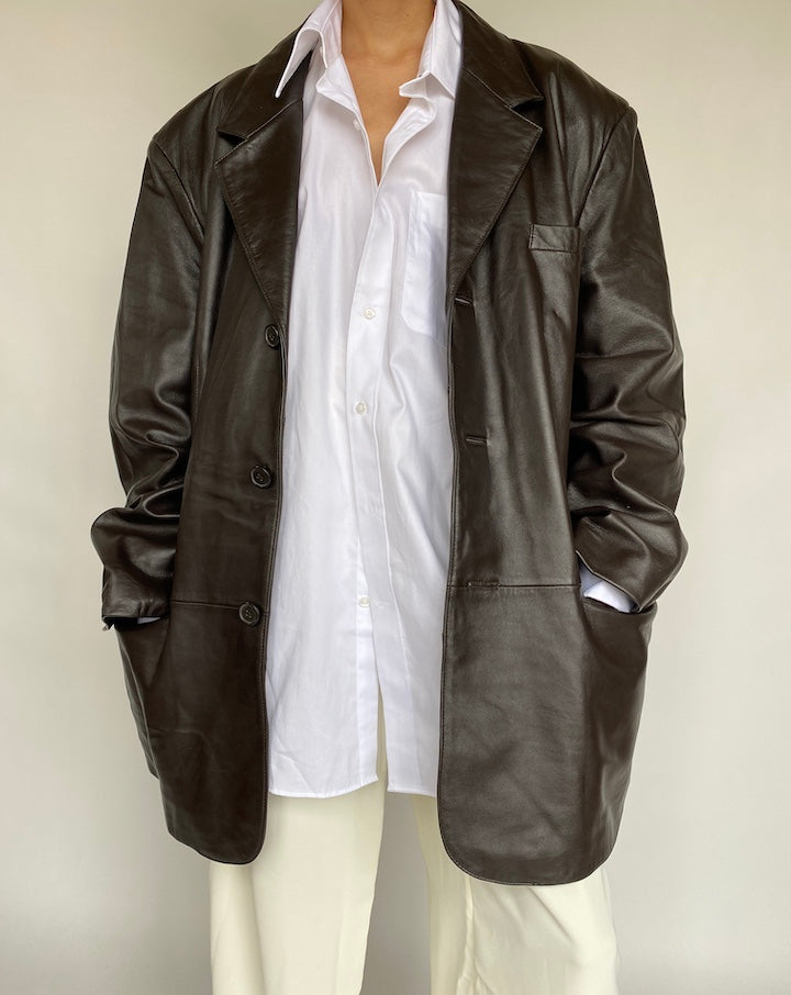 VINTAGE OVERSIZED DARK BROWN BLAZER LEATHER JACKET 639-5