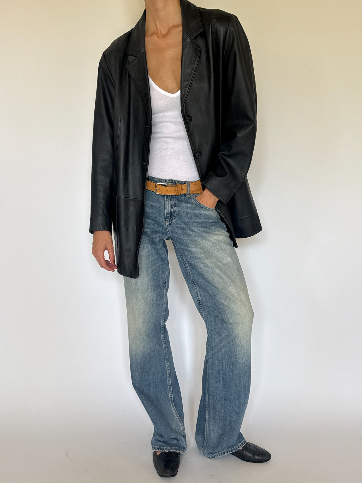 Black leather blazer, modeled view and details