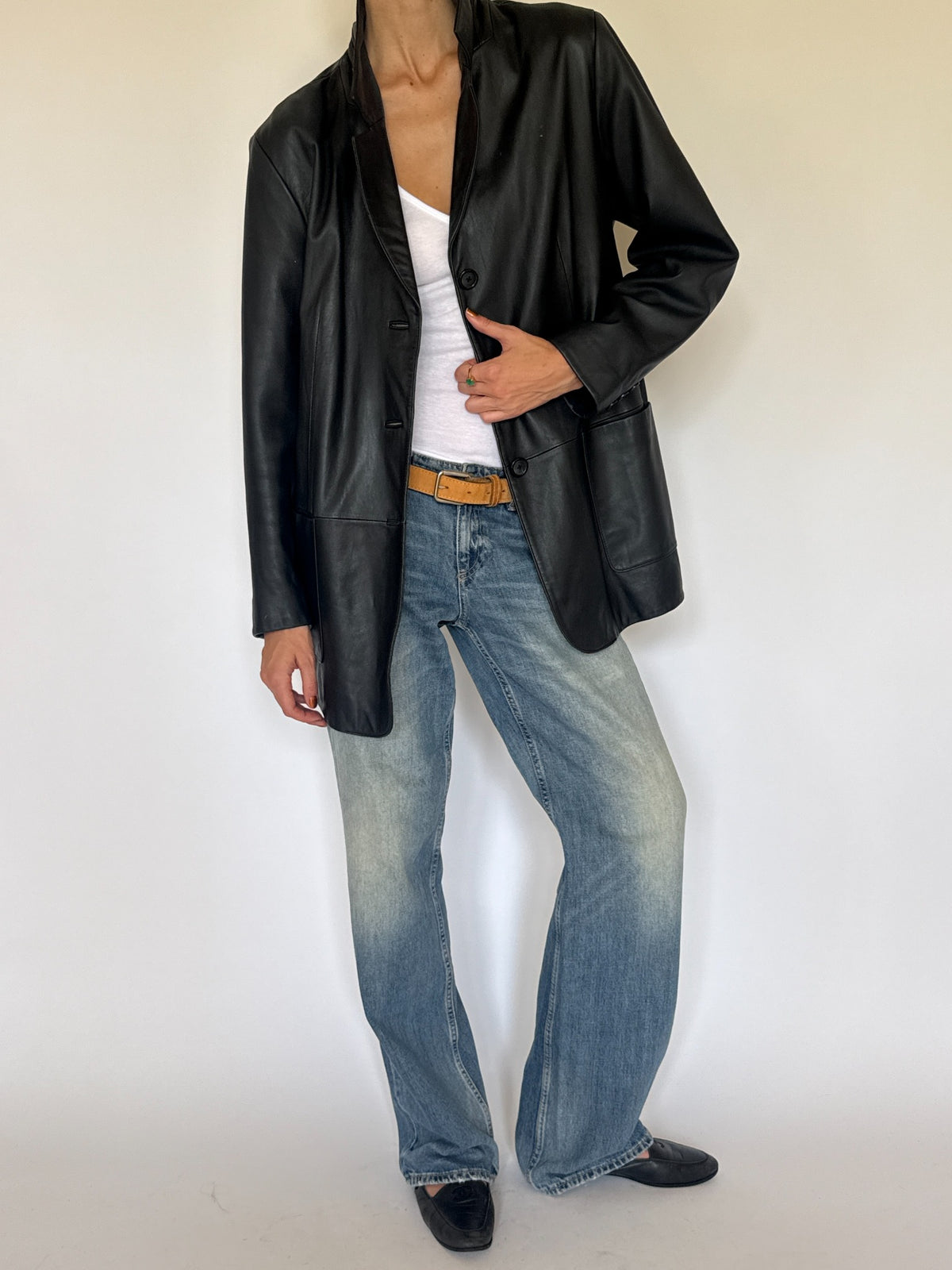 Black leather blazer, modeled view and details