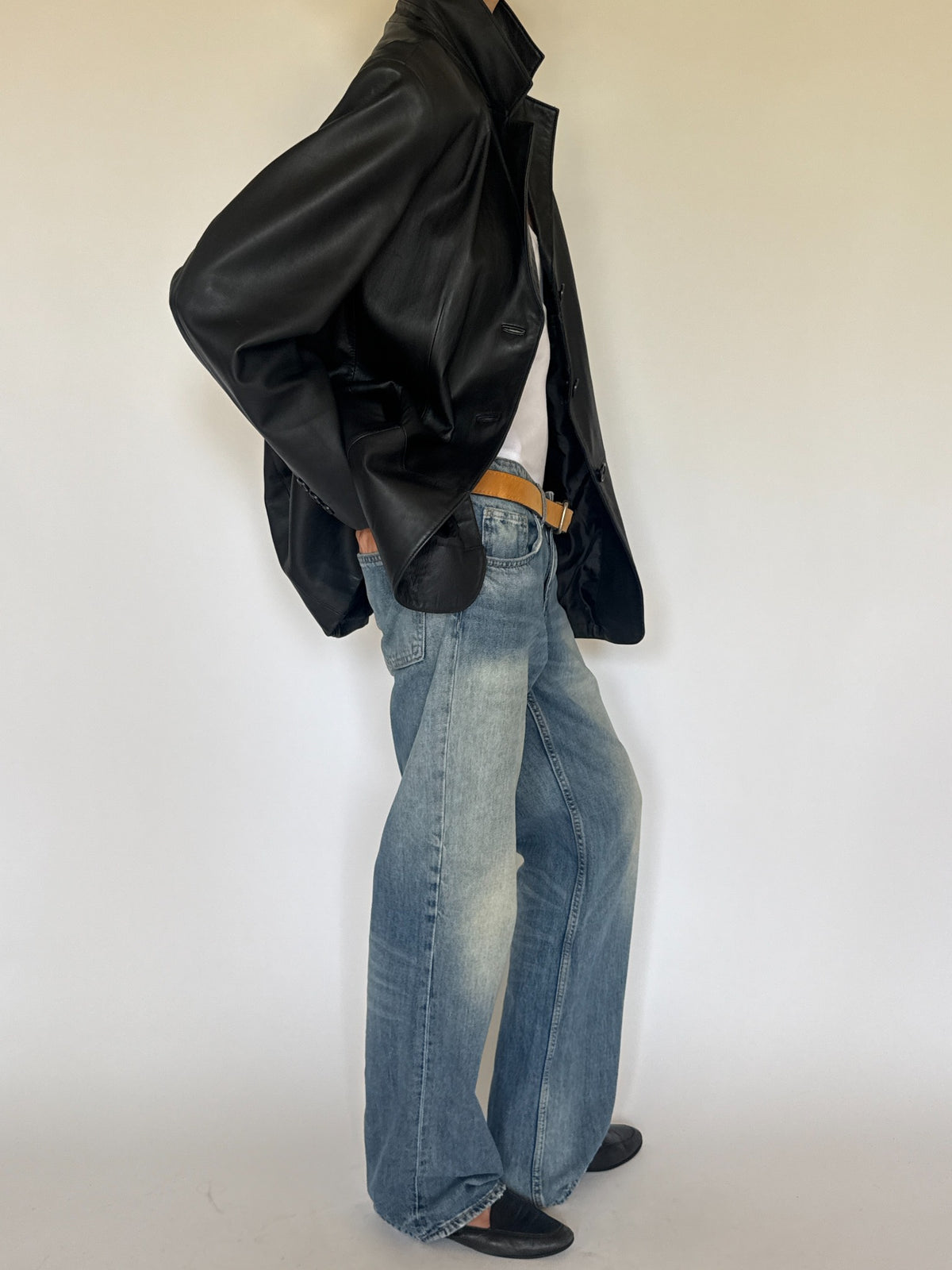 Black leather blazer, modeled view and details
