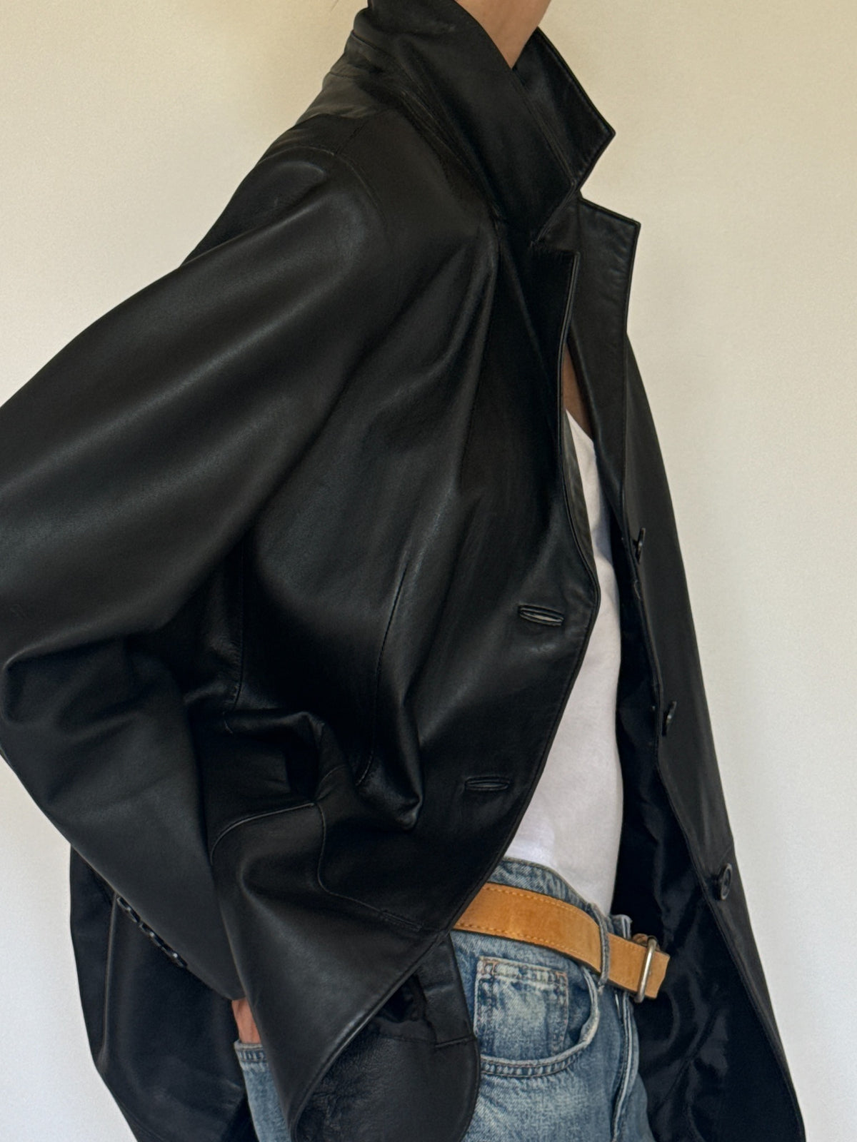 Black leather blazer, modeled view and details