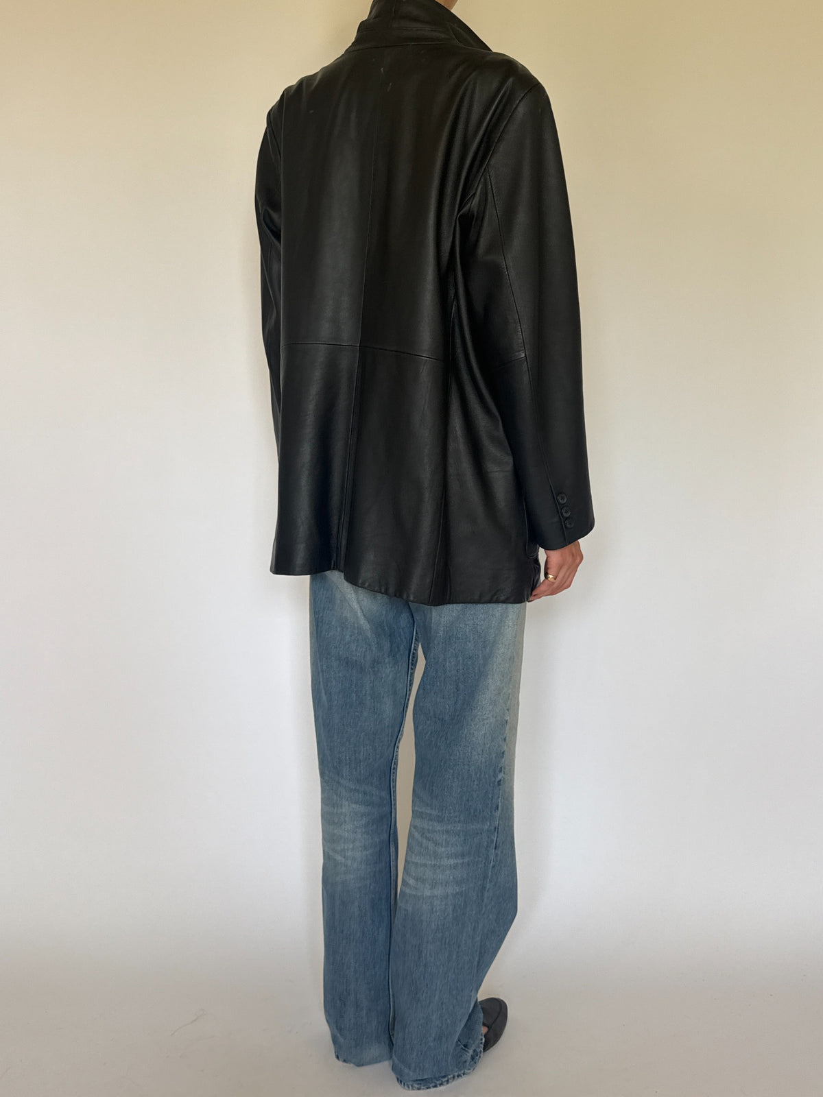 Black leather blazer, modeled view and details
