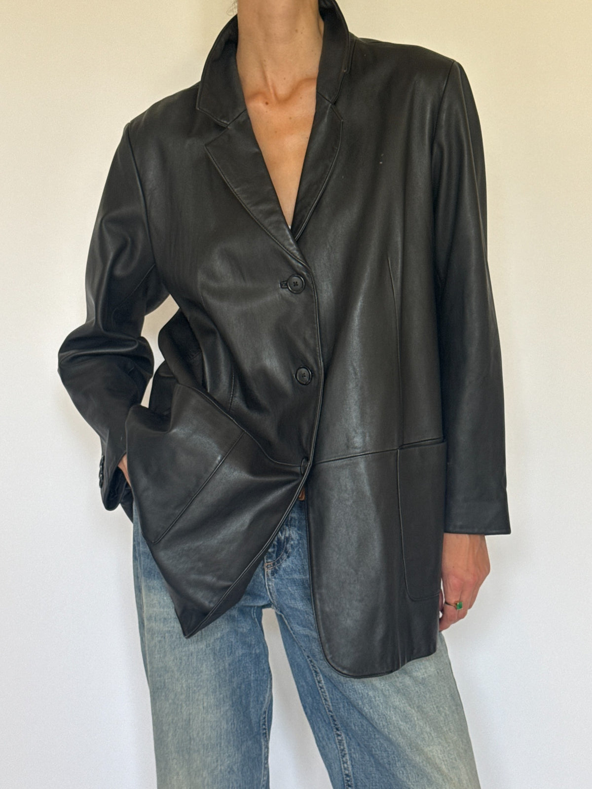 Black leather blazer, modeled view and details