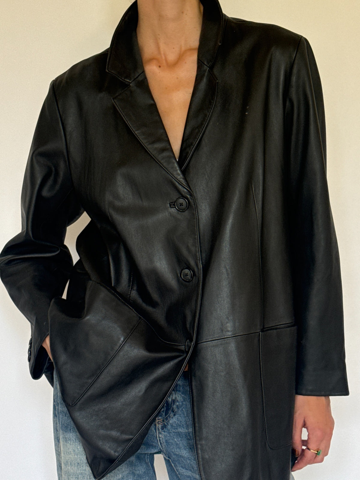 Black leather blazer, modeled view and details