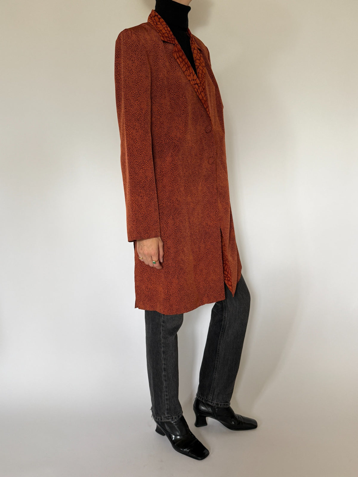 Vintage rust orange patterned longline coat, SKU 8480