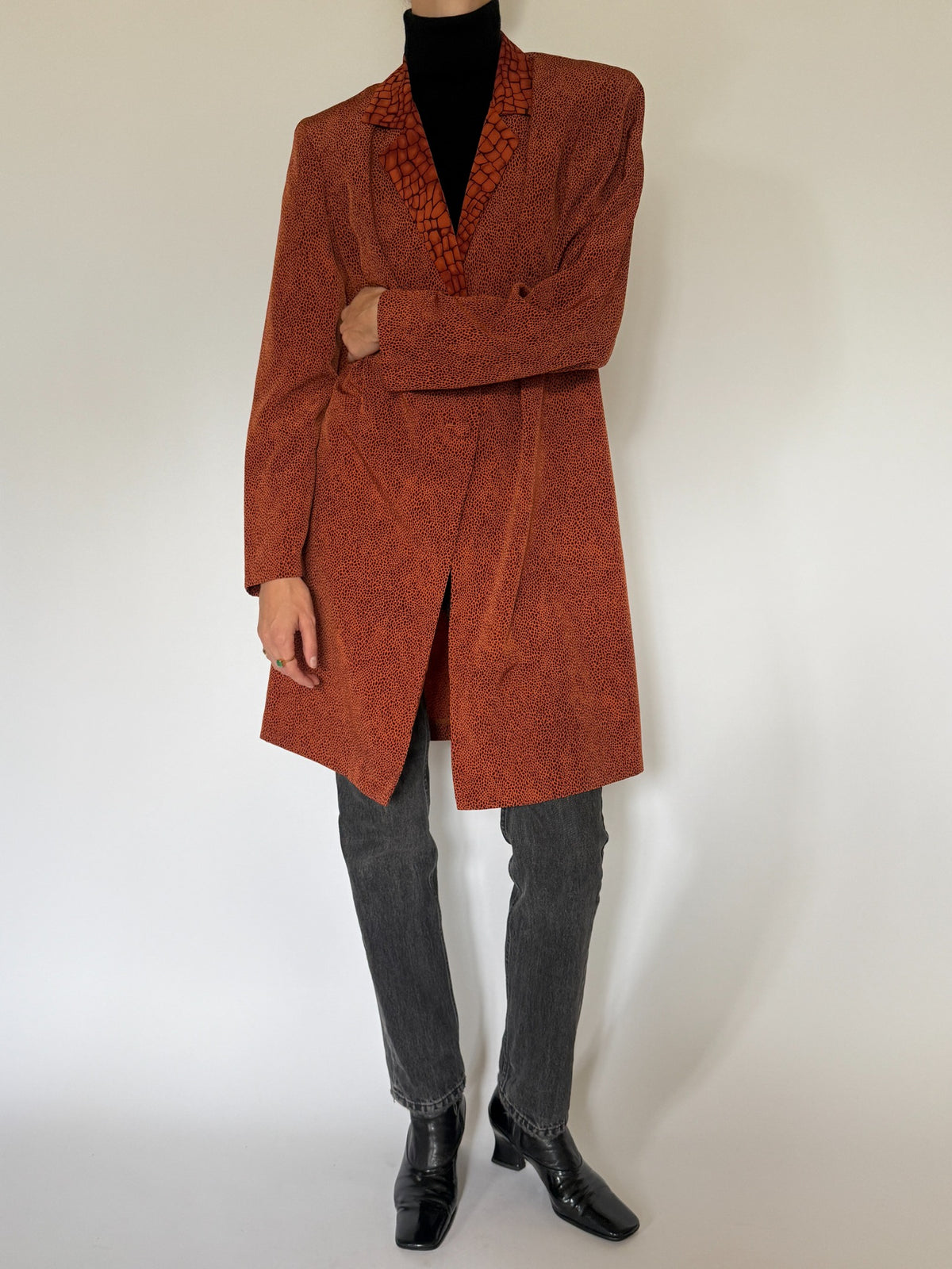 Vintage rust orange patterned longline coat, SKU 8480