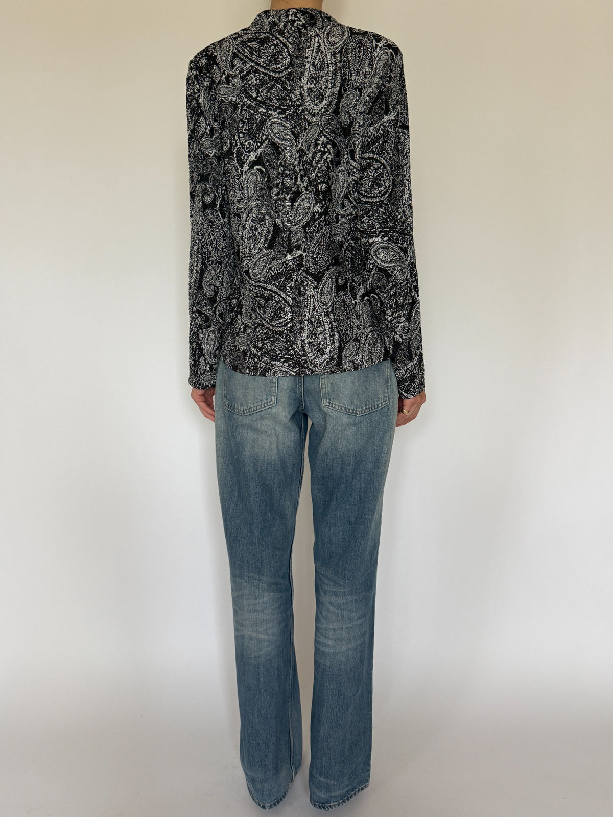 Vintage textured black and white paisley button-front blouse