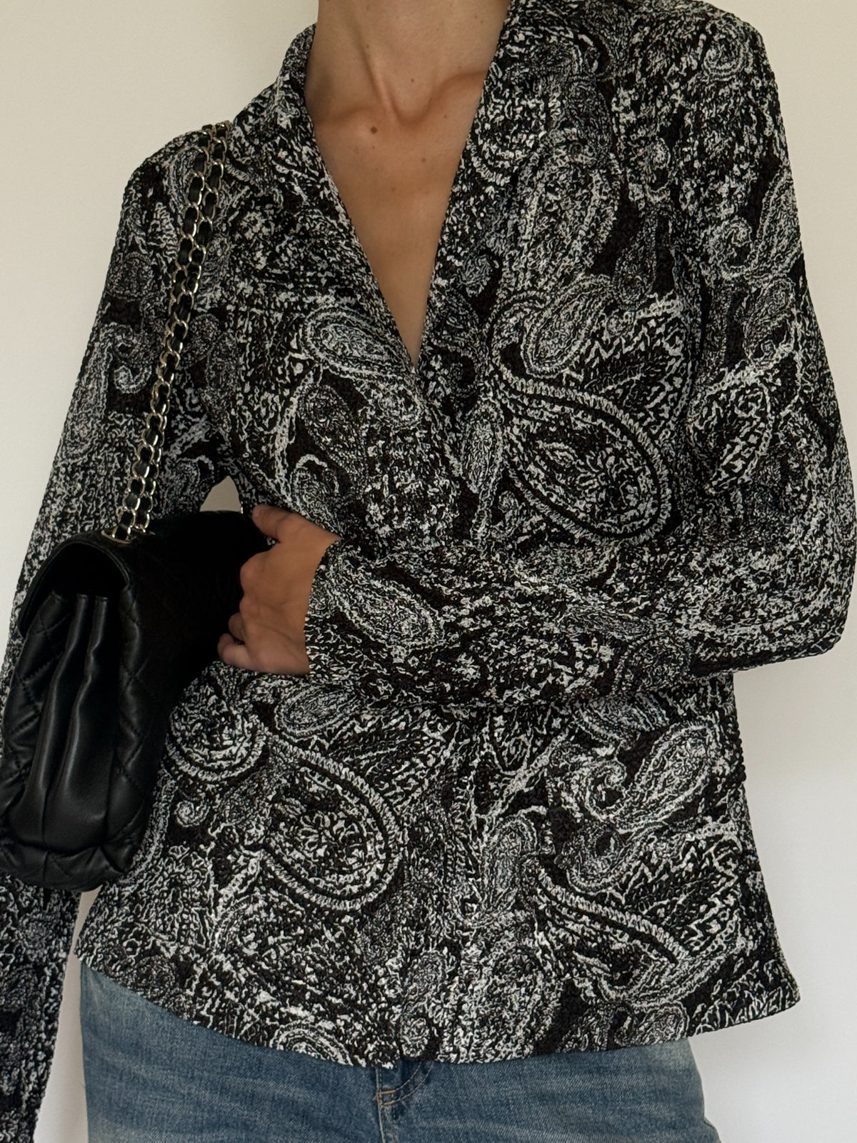 Vintage textured black and white paisley button-front blouse