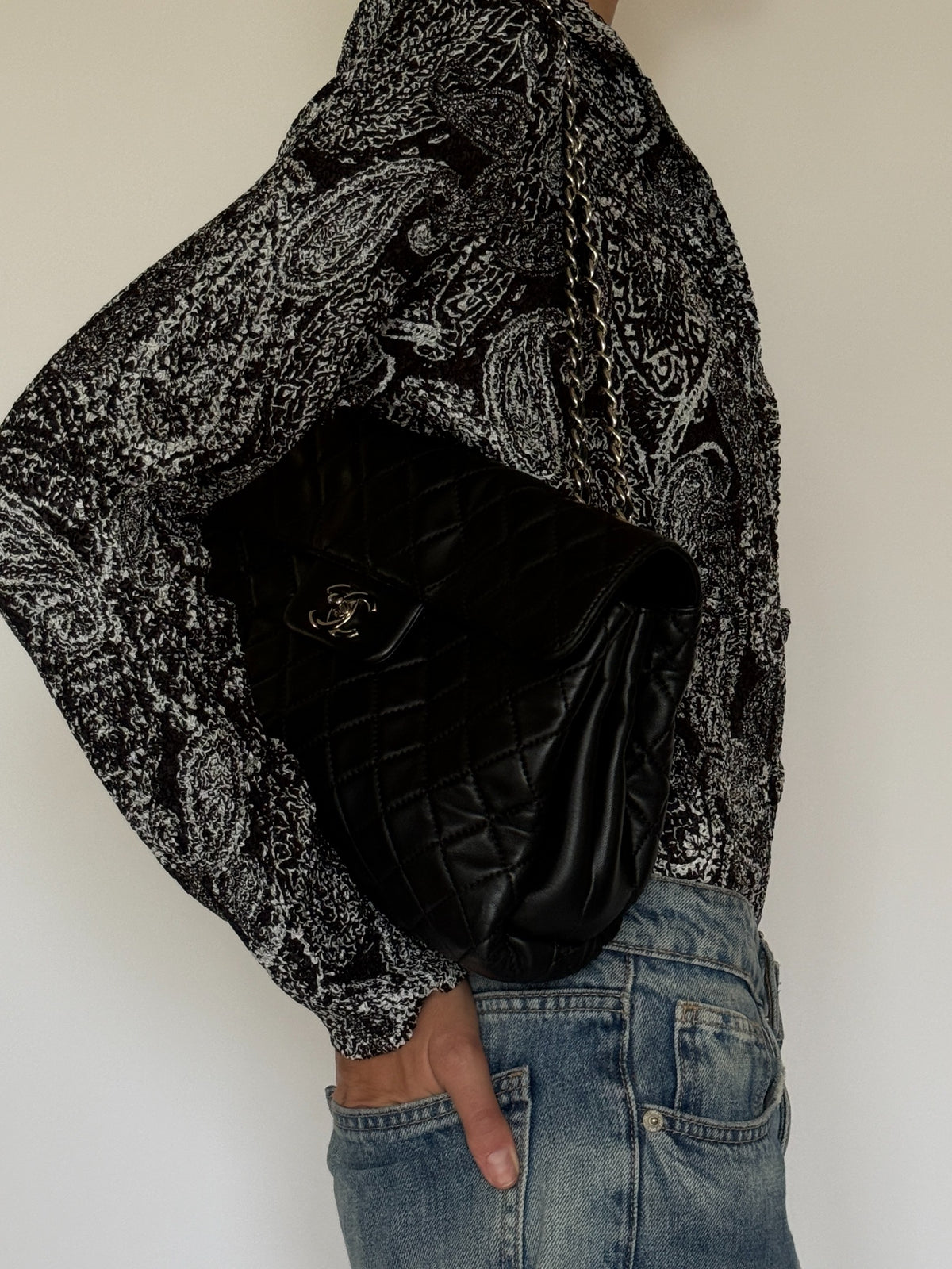 Vintage textured black and white paisley button-front blouse