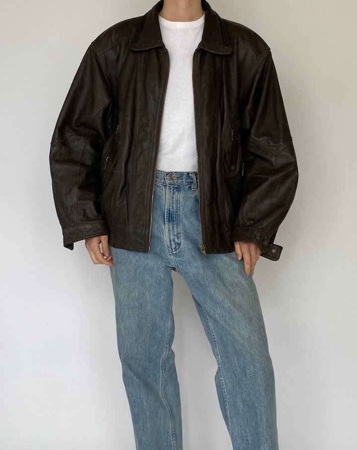 Vintage Oversized Leather Jacket in Dark Brown 5473