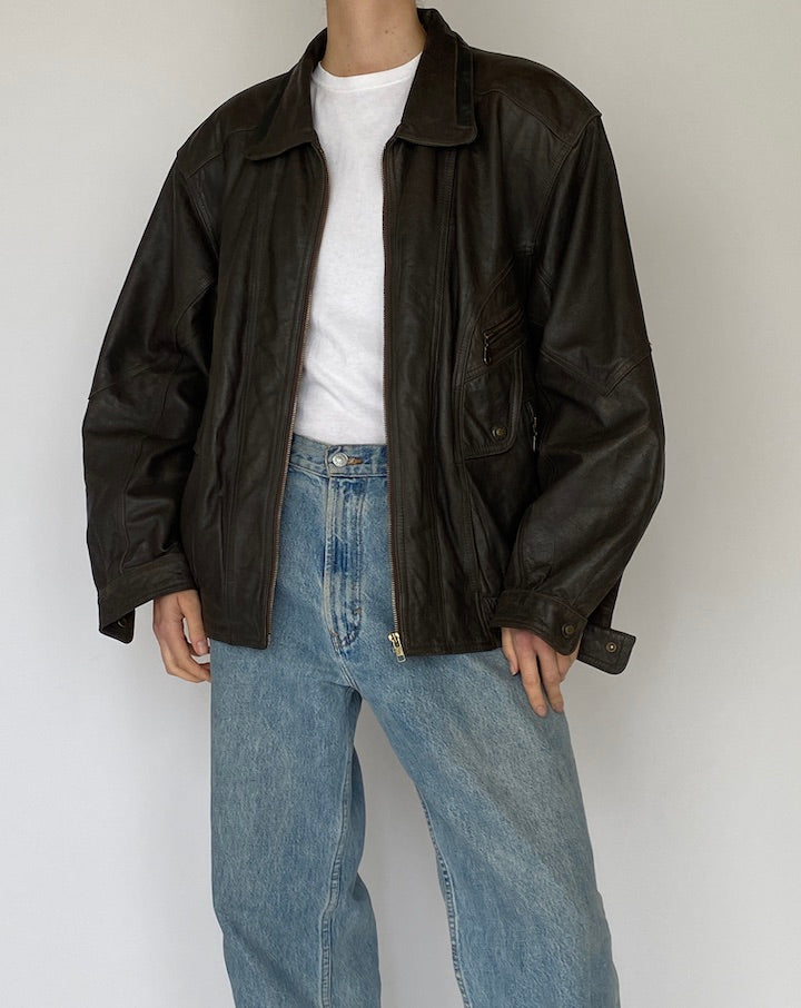 Vintage Oversized Leather Jacket in Dark Brown 5473