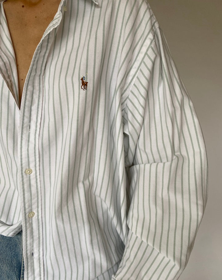 Vintage Oversized Cream and Green Striped Shirt 5329