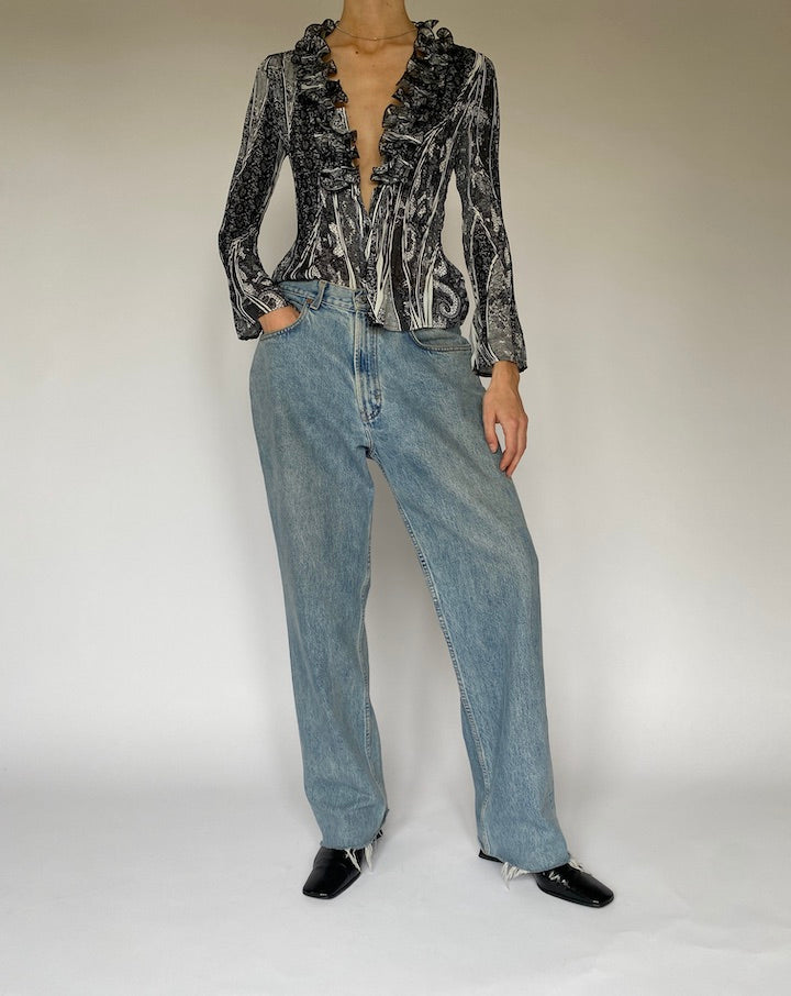 Vintage Black and White Patterned Ruffled Blouse 5336