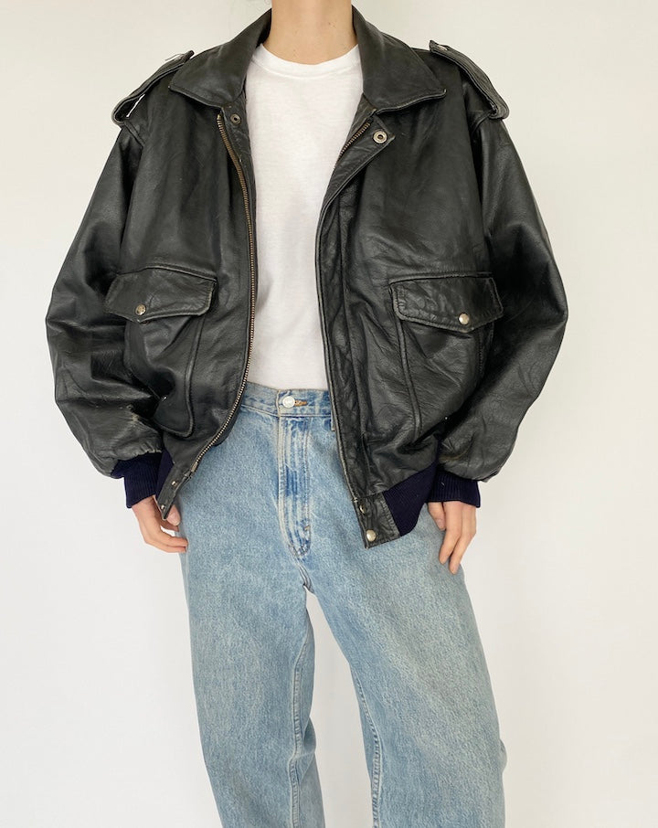 Vintage Black Bomber Leather Jacket 5367
