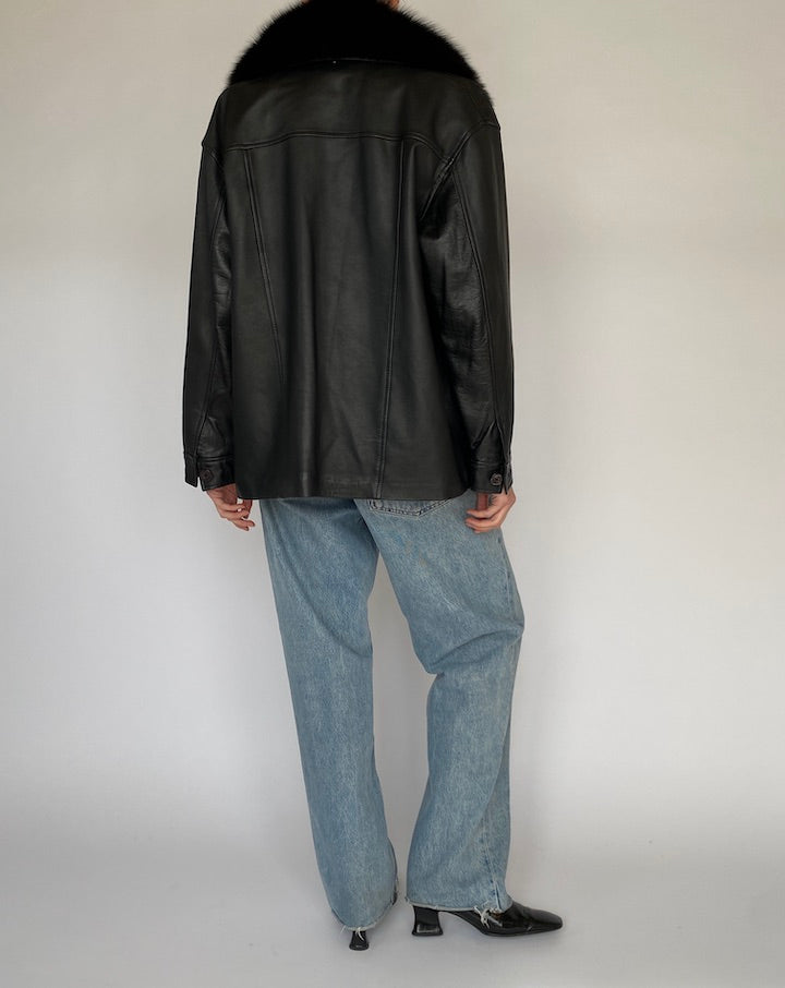 Vintage Black Leather Jacket with Fur Collar 5115