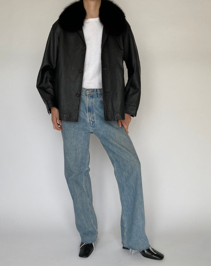 Vintage Black Leather Jacket with Fur Collar 5115