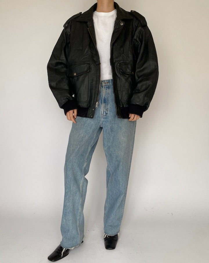 Vintage Black Oversized Leather Jacket 5458