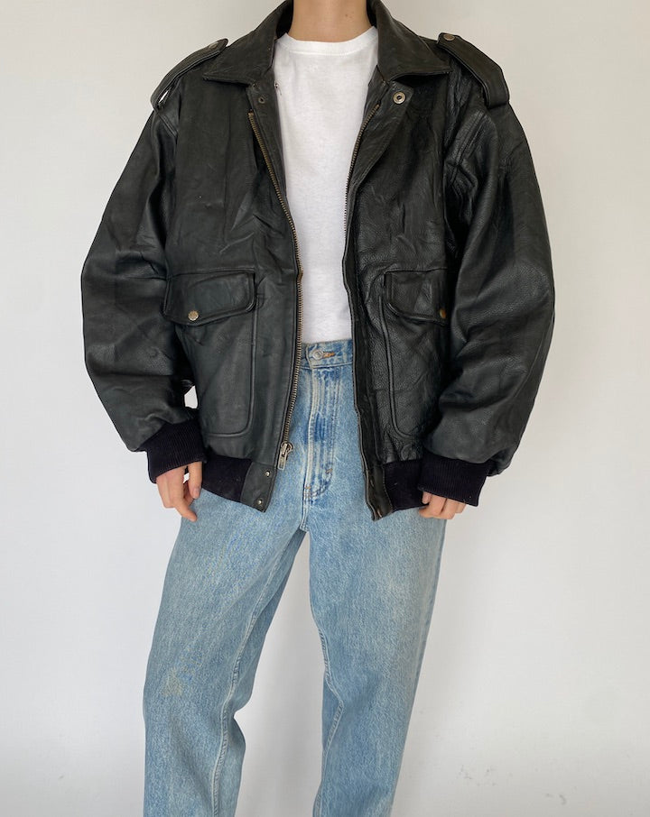 Vintage Black Oversized Leather Jacket 5458