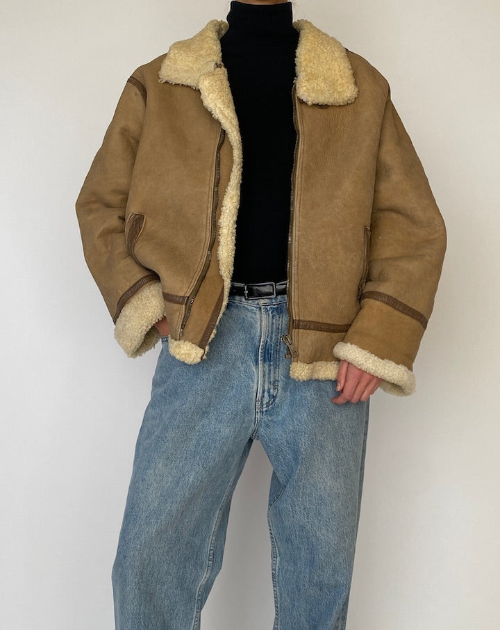 Vintage Beige Shearling Leather Jacket 5262