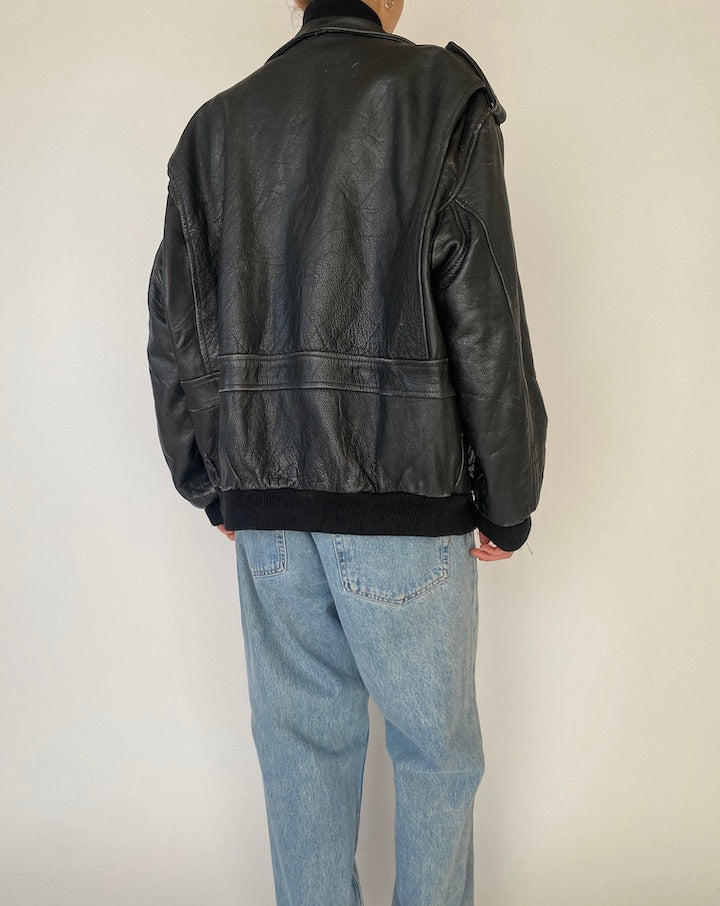 Vintage Oversized Black Bomber Leather Jacket 4981