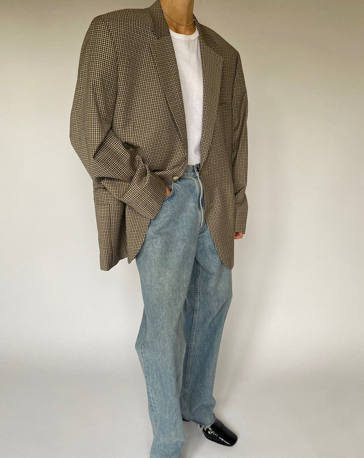 Vintage Brown and Green Checked Wool Blazer 5324