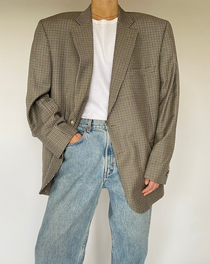 Vintage Brown and Green Checked Wool Blazer 5324