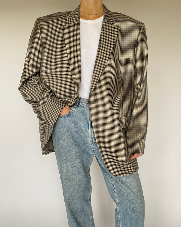 Vintage Brown and Green Checked Wool Blazer 5324