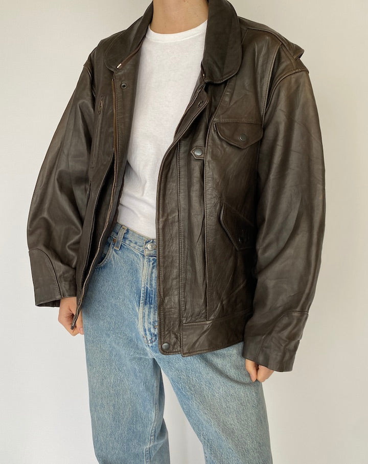 Vintage oversized leather jacket in dark brown 5413