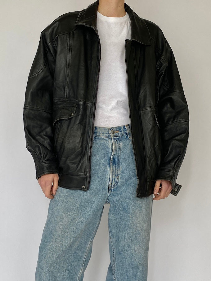 Vintage oversized leather jacket in black 5465